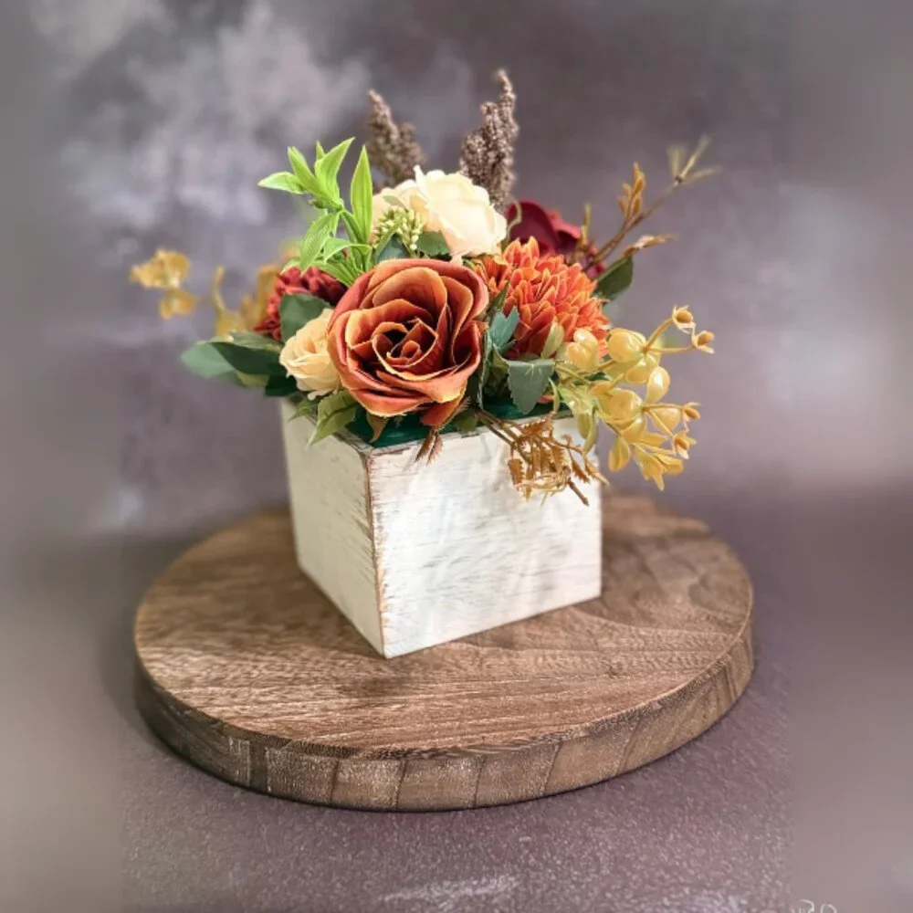 Fall Faux Floral Arrangement in Rustic Wooden Box – Home or Office Decor